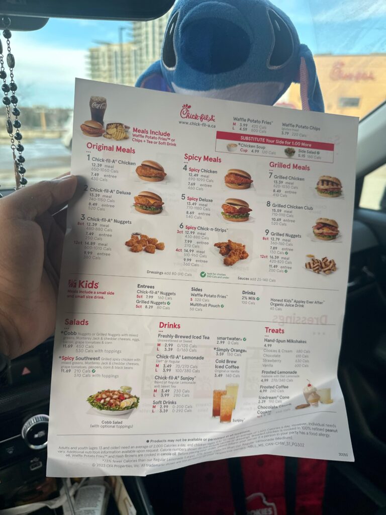 Chick Fil a Canada Menu With Prices